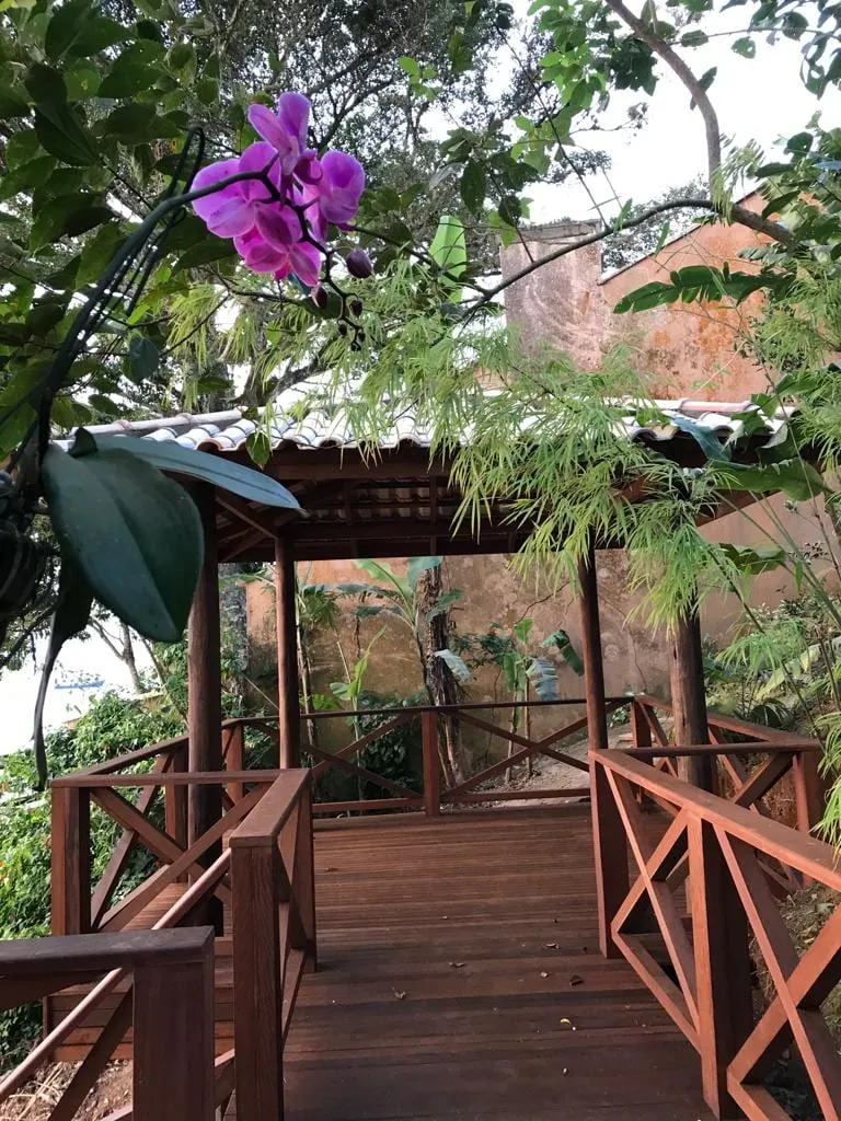 Caminho de madeira no jardim da Pousada Bambuza com orquídeas floridas