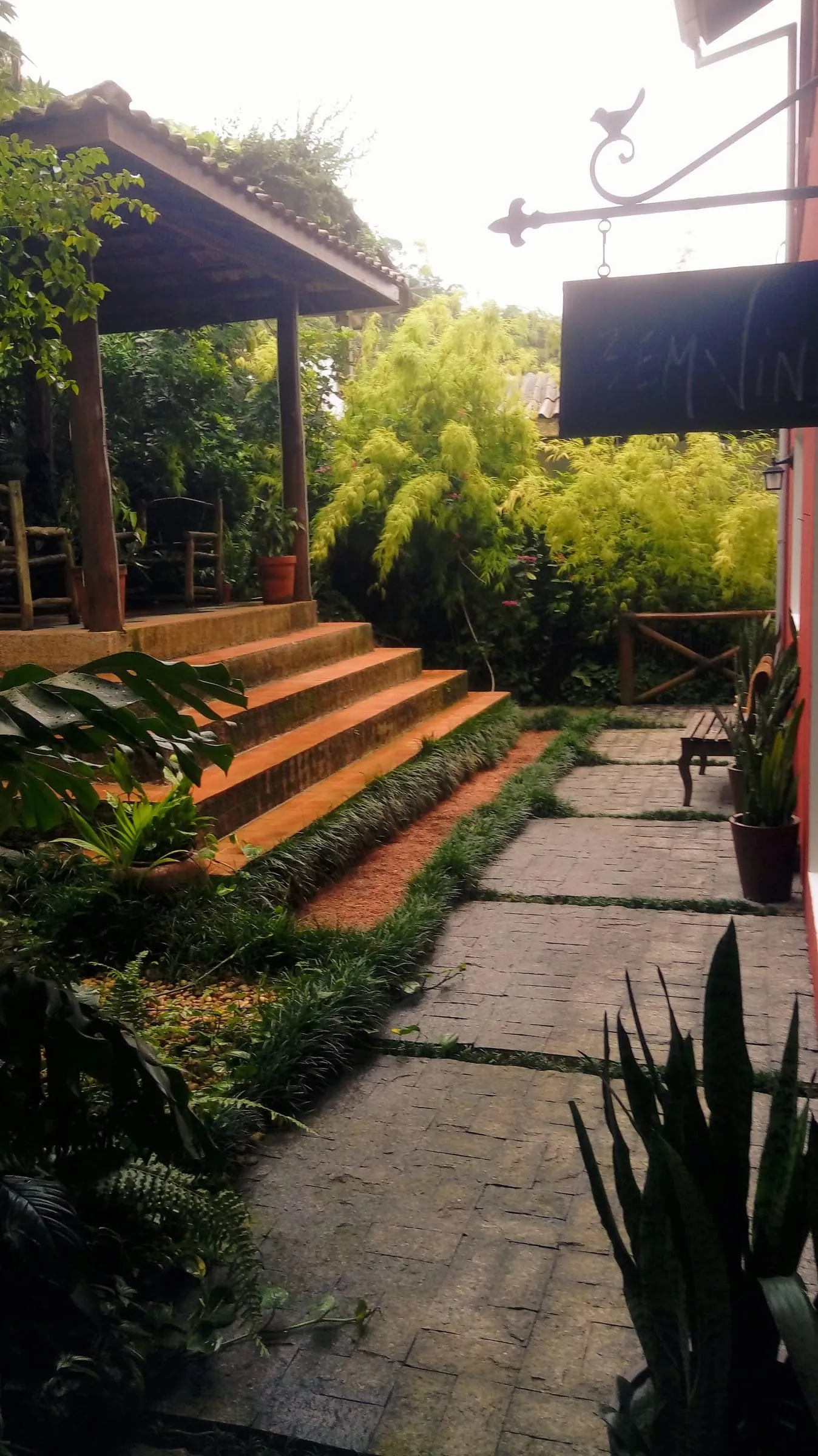 Escadaria de pedra em meio ao jardim tropical